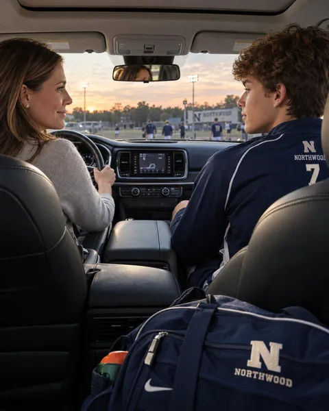 Mother and athlete sharing a calm car ride after the game