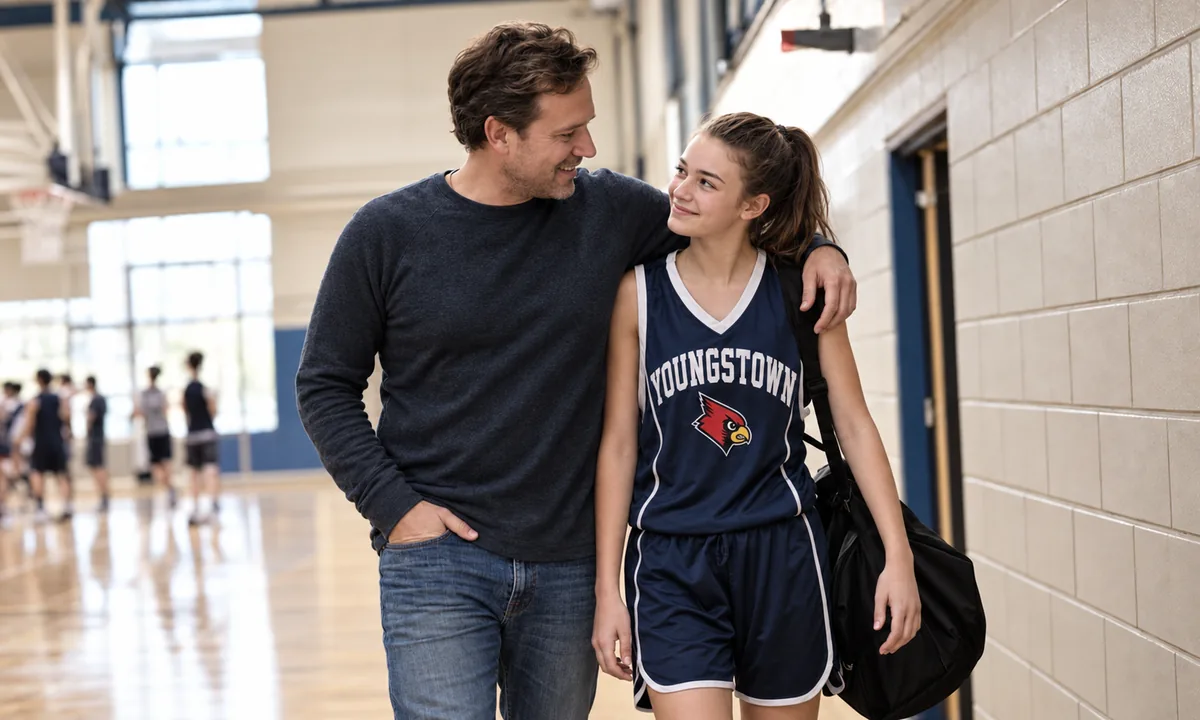 A father with his arm around his daughter after practice